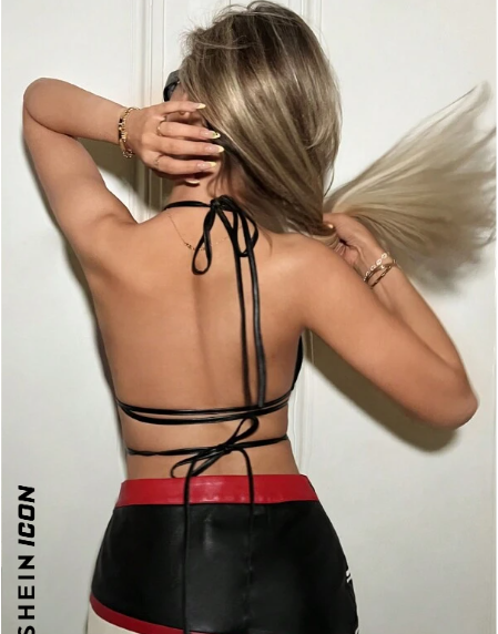 SHEIN ICON Top halter corto sin espalda con lazo cruzado y estampado de fuego