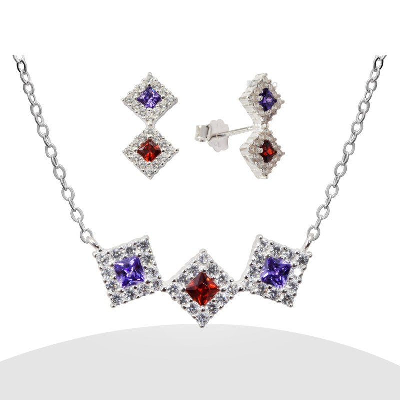 Set Tres Rombos Circón Y Micro Circones Plata 925