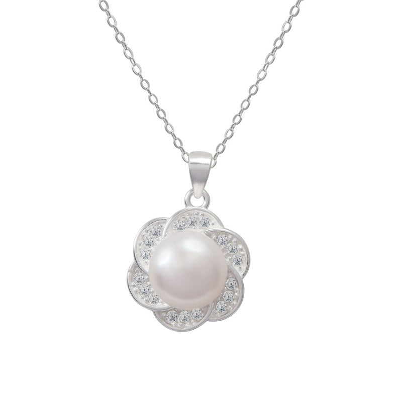 Collar Flor Con Perla 45 Cms Mas Extensión Plata 925 - PO0556