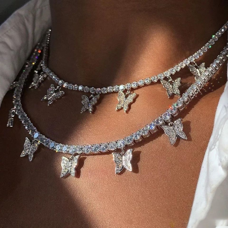 Butterfly effect pink silver tennis choker