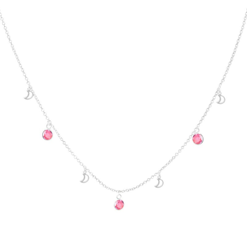 Collar Circones Rosados Y Lunas Largo 45cm Mas 3cms Extensión Plata 925 - PO0590