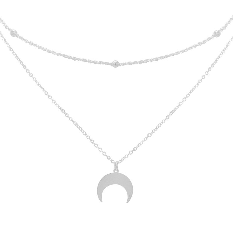 Collar Doble Cadena Con Bolitas Y Luna Largo 40 Y 45 + 5cm Alargue Plata 925 - PO0610