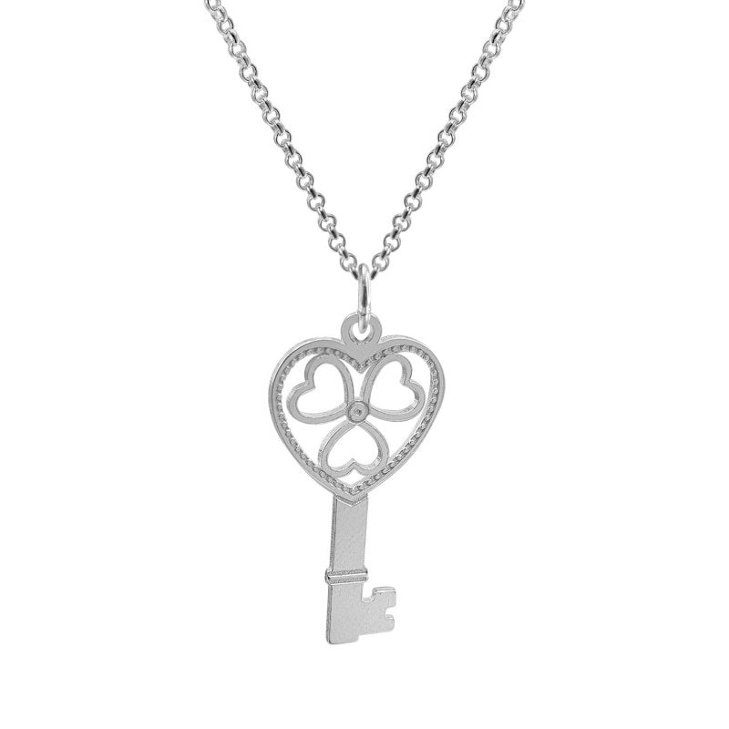 Collar Llave Corazón Y Flor De Corazones 45cms Mas 5cms Extensión Plata 925 - PO0681