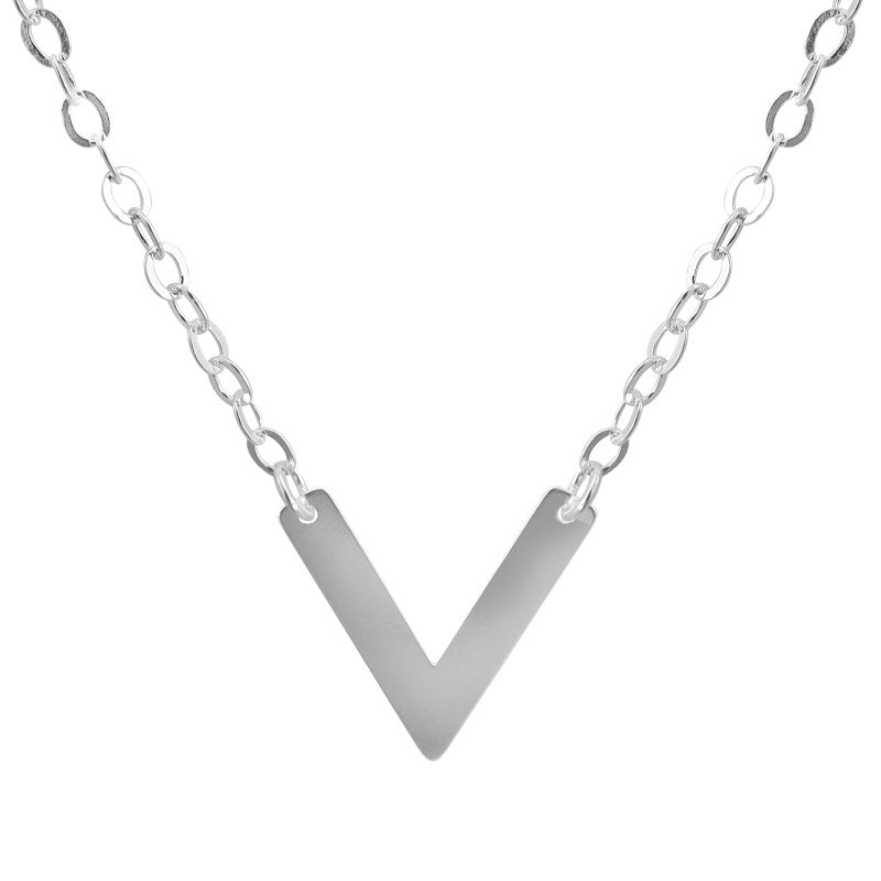 Collar Letra V Cadena Martillada 45cms Mas 5cms Extensión Plata 925 - PO0710