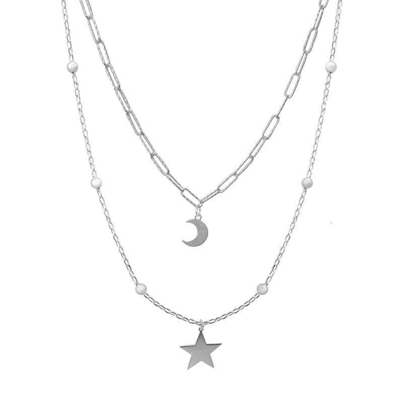 Collar Doble Luna Estrellas 45 Y 55 Cms Mas 5cms Extensión Plata 925 - PO0714