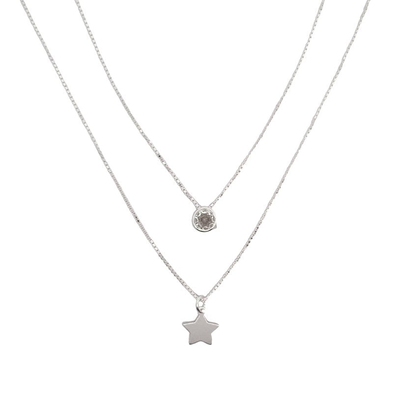 Collar Doble Punto De Luz Y Estrella 40 Y45cms Mas 5cms Extensión Plata 925 - PO0743