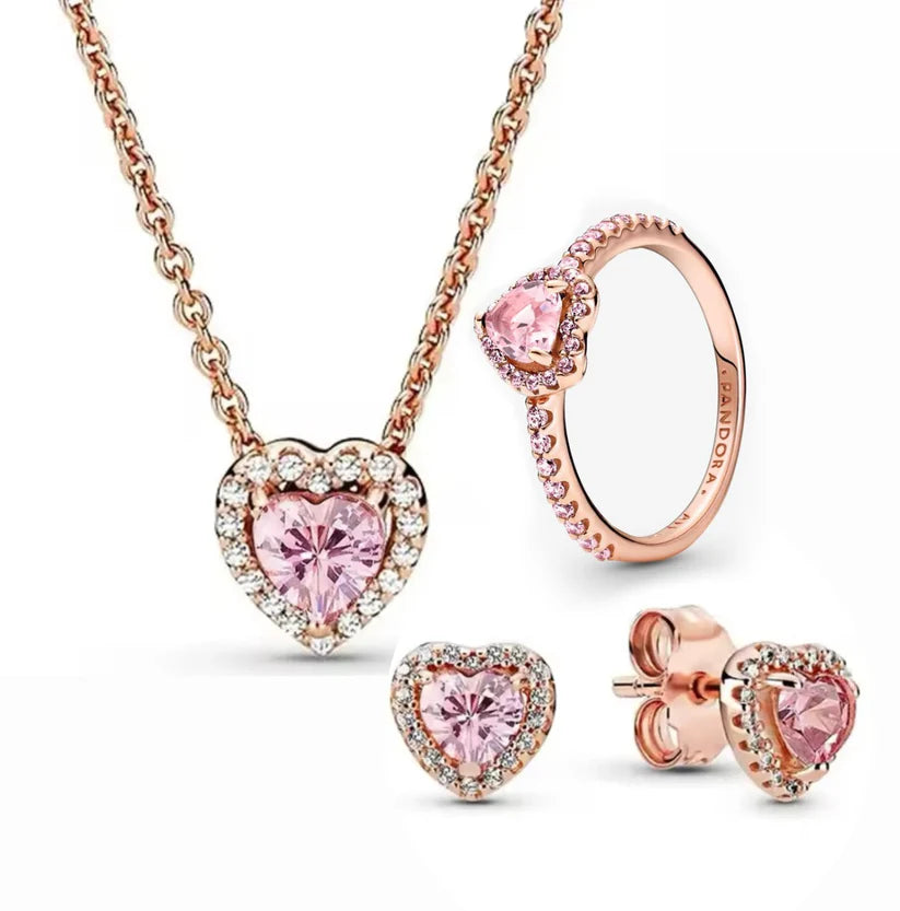 plata ley 925 - Set Completo Corazón oro rosa piedra rosa