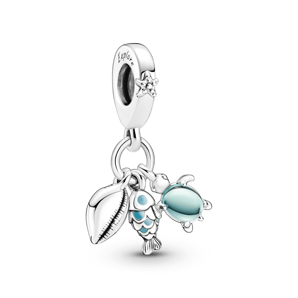 Charm colgante triple pescado, tortuga de mar y concha