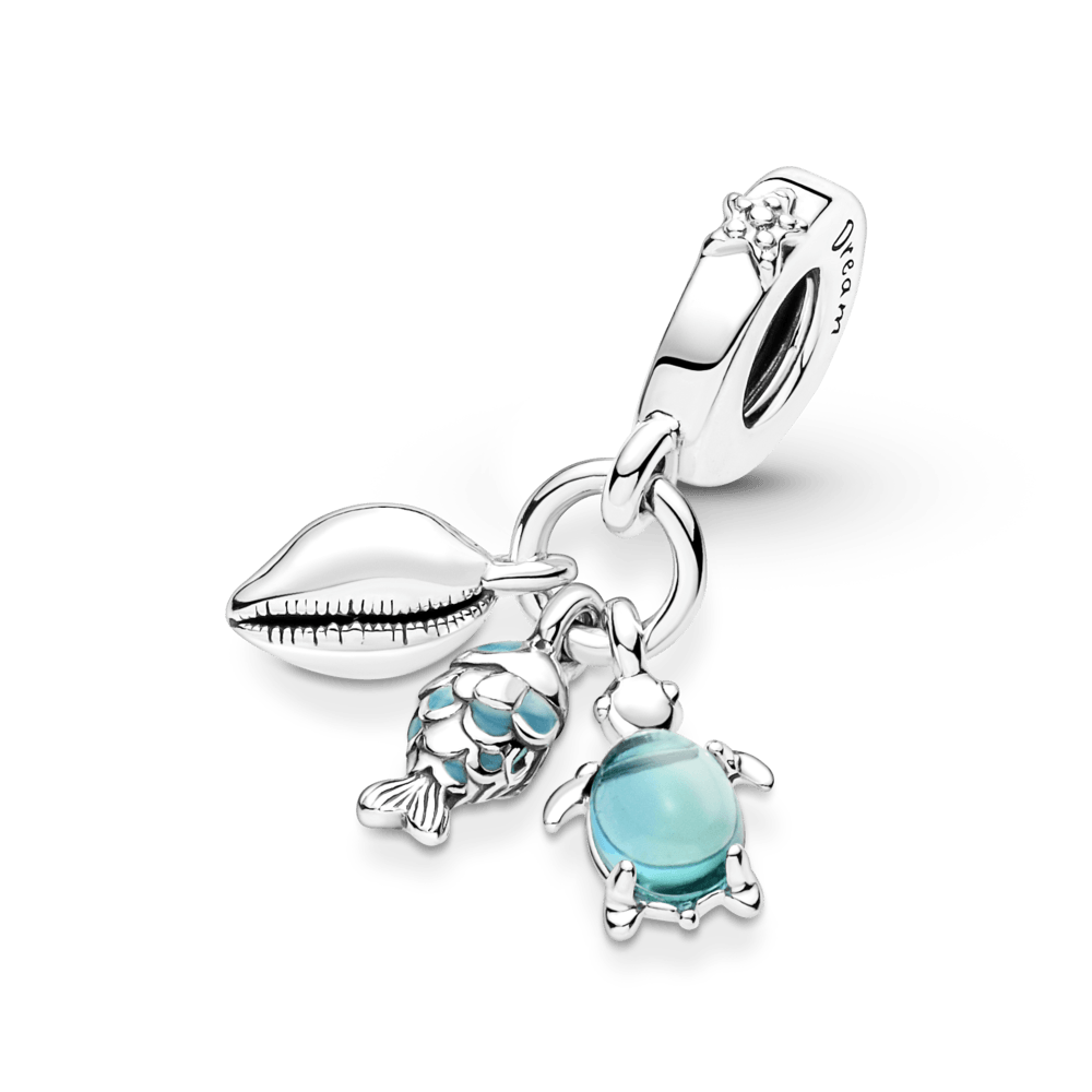 Charm colgante triple pescado, tortuga de mar y concha