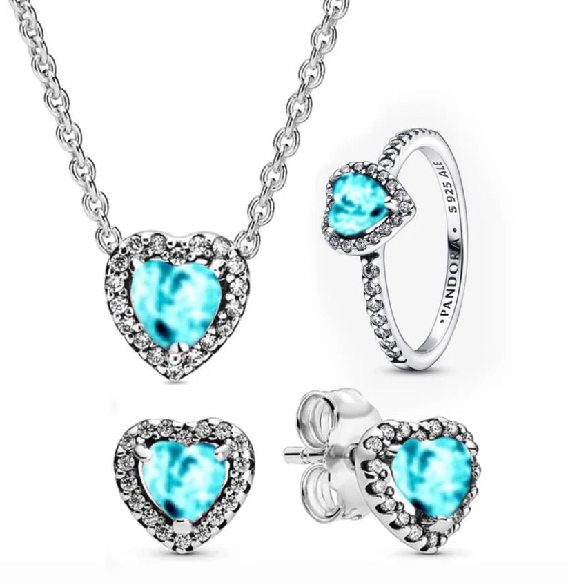 plata ley 925 - Set Completo Corazón piedra celeste