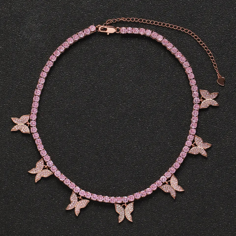 Butterfly effect pink silver tennis choker