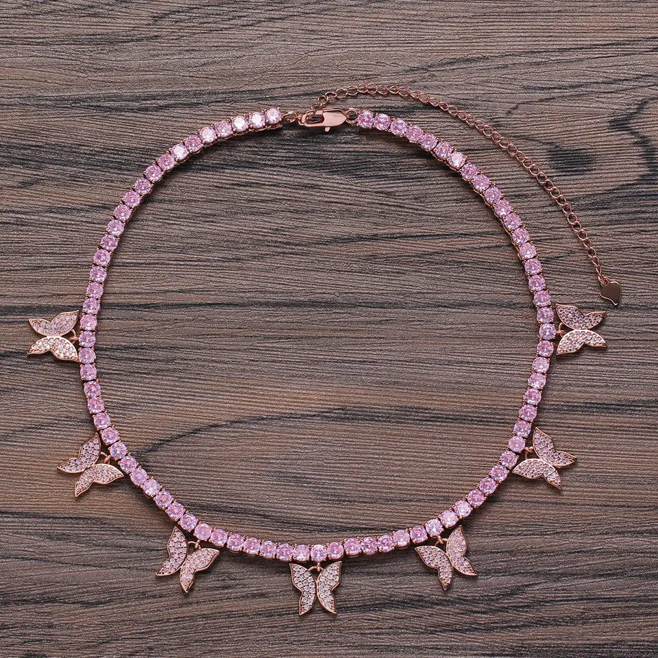Butterfly effect pink silver tennis choker