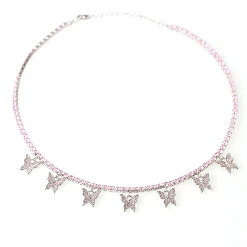 Butterfly effect pink silver tennis choker