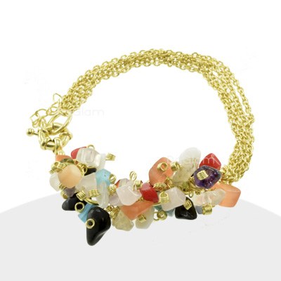 Pulsera Multi Cadenas Con Piedras Colores Baño De Oro Amarillo - RU0274