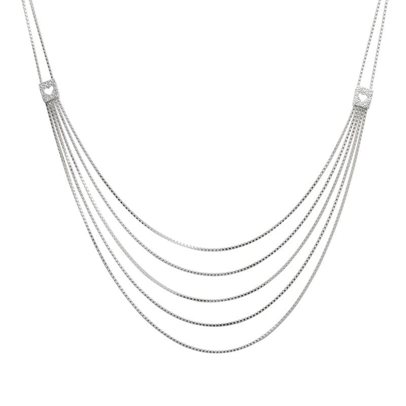 Collar Doble Cadena Caída Cascada Corazones Satinados 50 Cms Plata 925 - PO0113