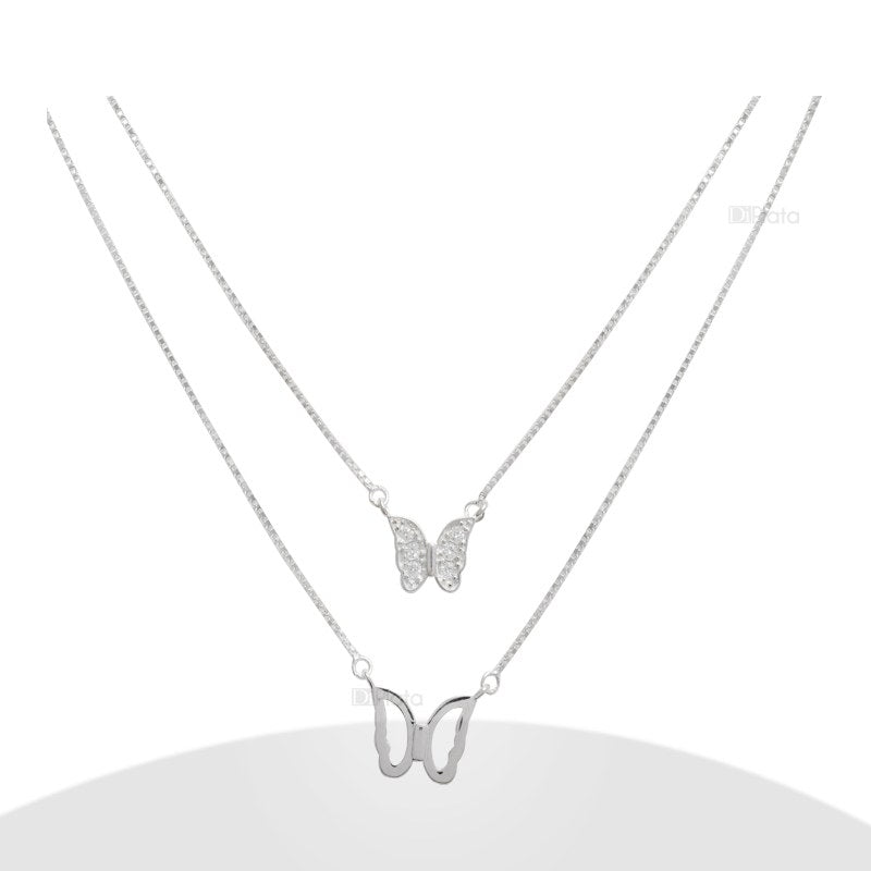 Collares Doble Cadena Mariposa Lisa Micro Circón 50cms Plata 925 - PO0158