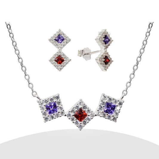 Set Tres Rombos Circón Y Micro Circones Plata 925