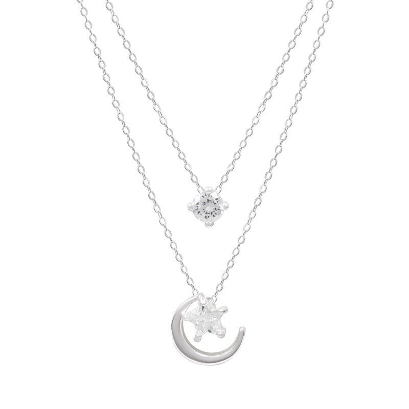 Collar Doble Media Luna Y Estrella Con Circones 42+3cms Extensión Plata 925 - PO0584