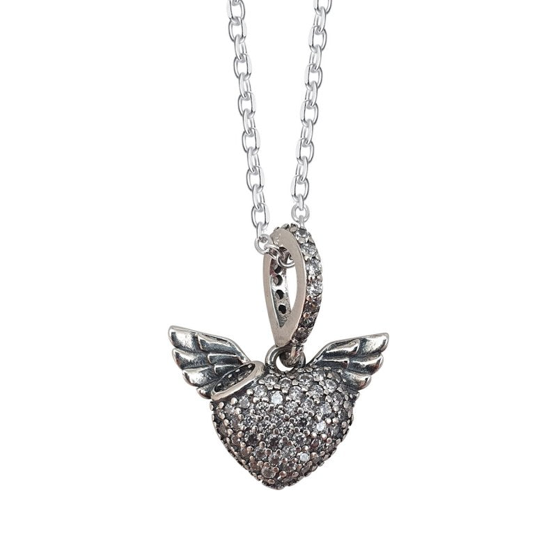 Collar corazón con ala de ángel y micro circones 45cms plata 925 - PO0646