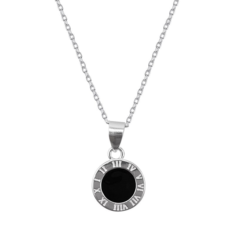 Collar Circulo Negro Con Números Romanos 45c Ms Mas Extensión Plata 925 - PO0700