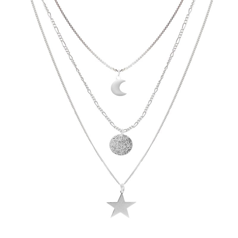 Collar triple luna estrella circulo satinado Plata 925 - PO0719