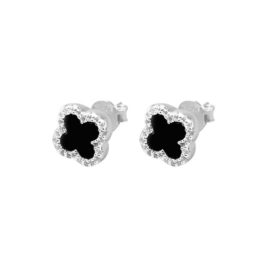 Aro trébol centro negro contorno micro circones color cristal diámetro: 7,7mm Plata 925