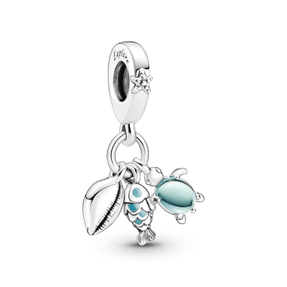 Charm colgante triple pescado, tortuga de mar y concha