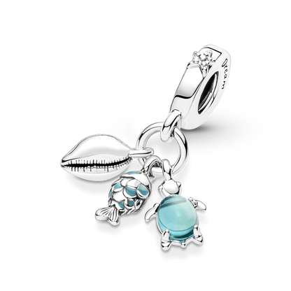Charm colgante triple pescado, tortuga de mar y concha