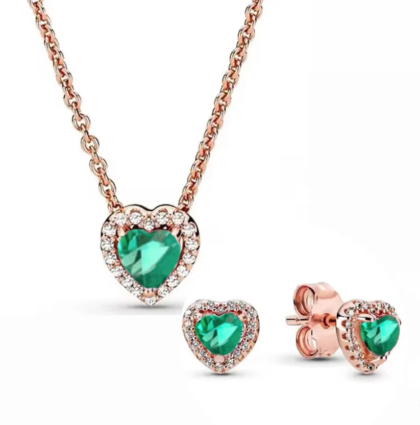Set joyeria de plata ley 925 -  oro rosa piedra verde