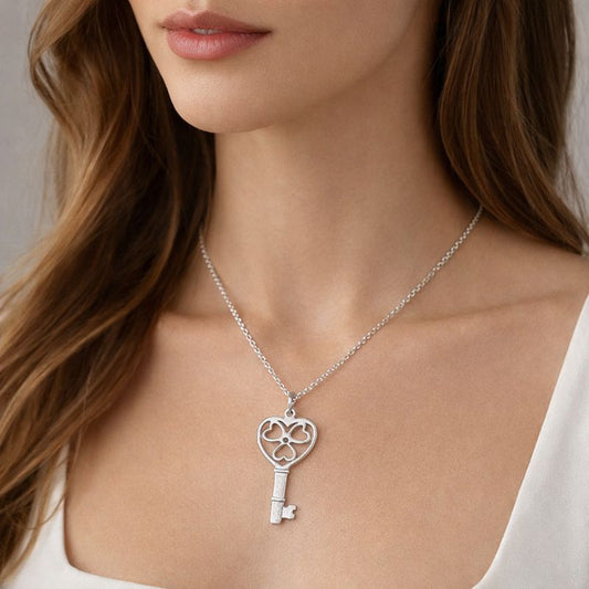 Collar llave corazón y flor de corazones 45cms mas 5cms extensión plata 925