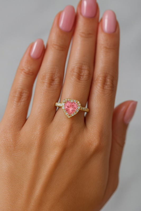Anillo dorado corazon rosa - Acero inoxidable