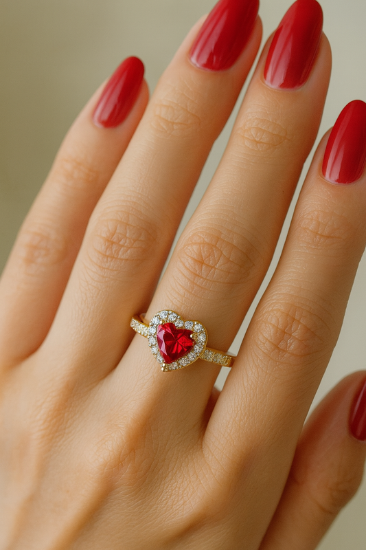 Anillo dorado corazon rojo - Acero inoxidable