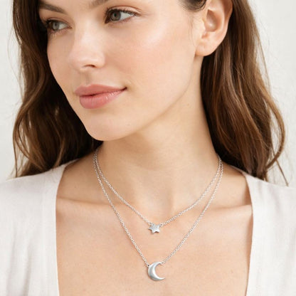 Collar doble con estrella y luna de 40 y 45cms mas 3 extensión Plata 925