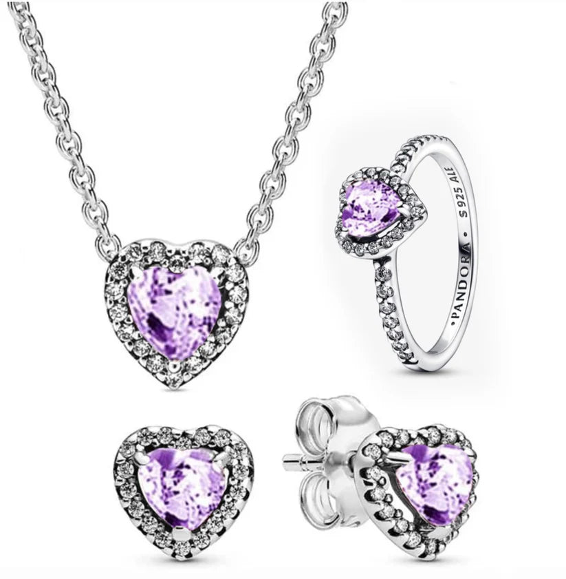 plata ley 925 - Set Completo Corazón Relieve Morado