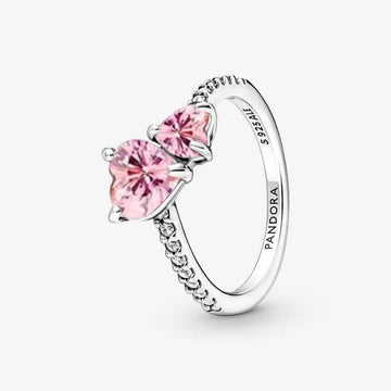 Anillo en plata ley 925 -doble corazon piedra rosa