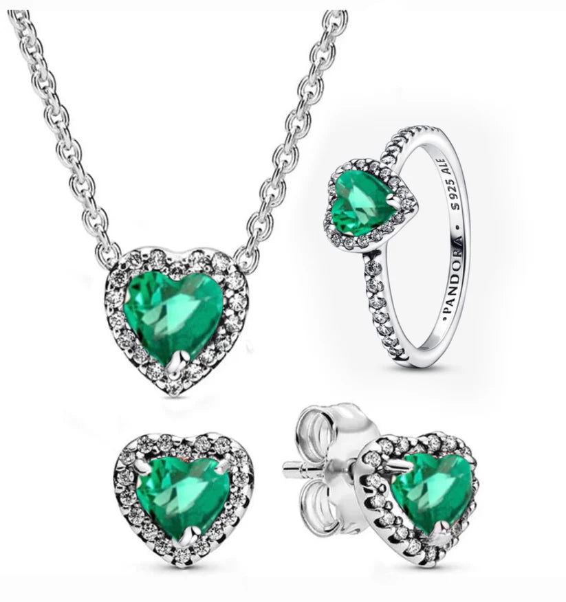 plata ley 925 - Set Completo Corazón piedra verde