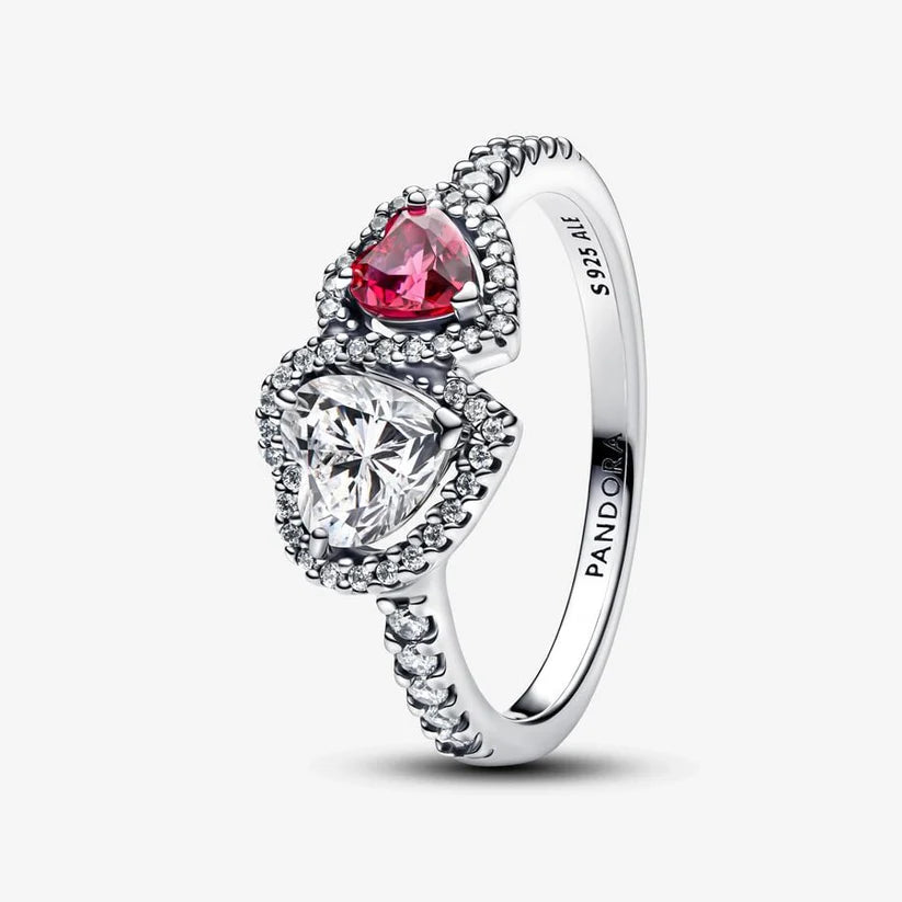 Anillo en plata ley 925 -doble corazon piedra blanca y rojo