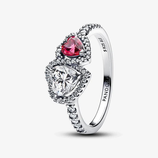 Anillo en plata ley 925 -doble corazon piedra blanca y rojo