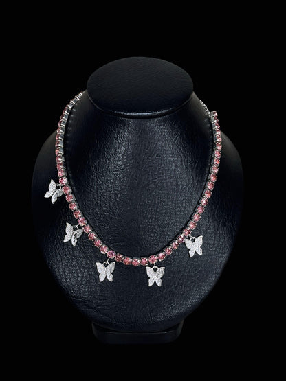 Butterfly effect pink  silver tennis choker