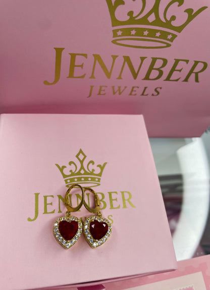 Aretes corazon colgante - Gold ruby